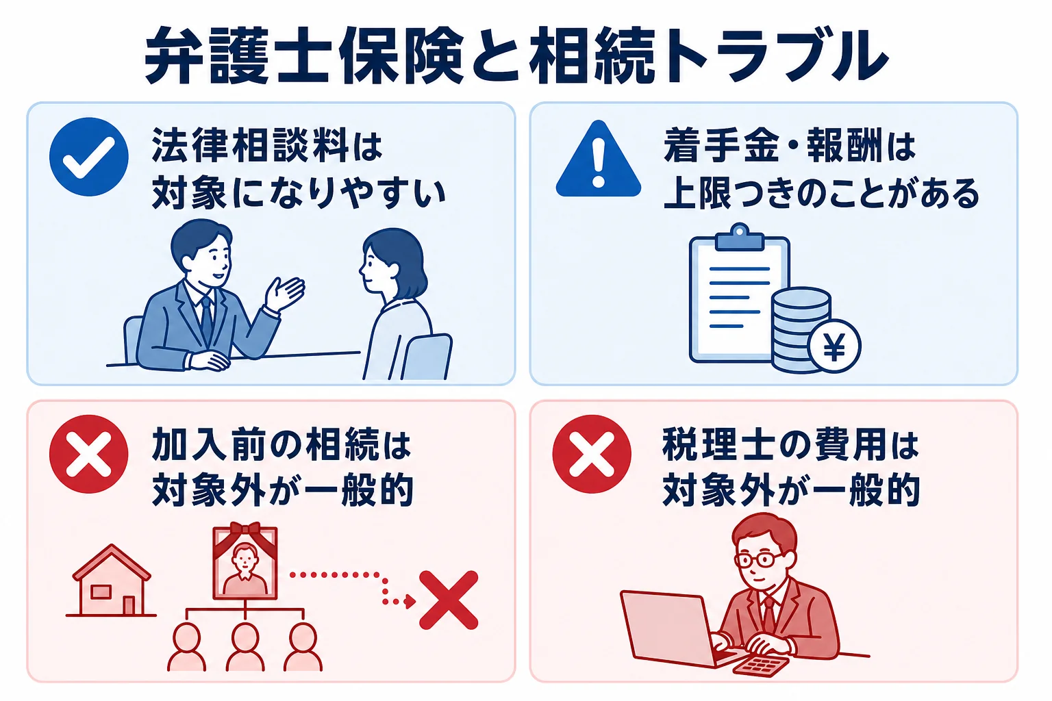弁護士保険で補償されやすい費用と、相続で対象外になりやすいケースを分けて示した図解