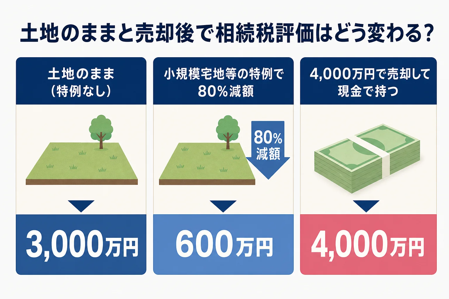 土地のまま持つ場合と売却して現金で持つ場合の相続税評価の違いを示した図解