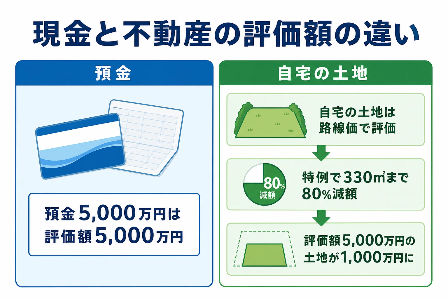 現金と不動産の相続税評価額の違いを示した図解