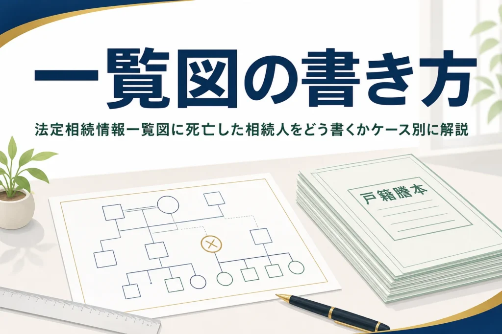 法定相続情報一覧図の記載例を死亡した相続人などケース別に解説する記事のアイキャッチ