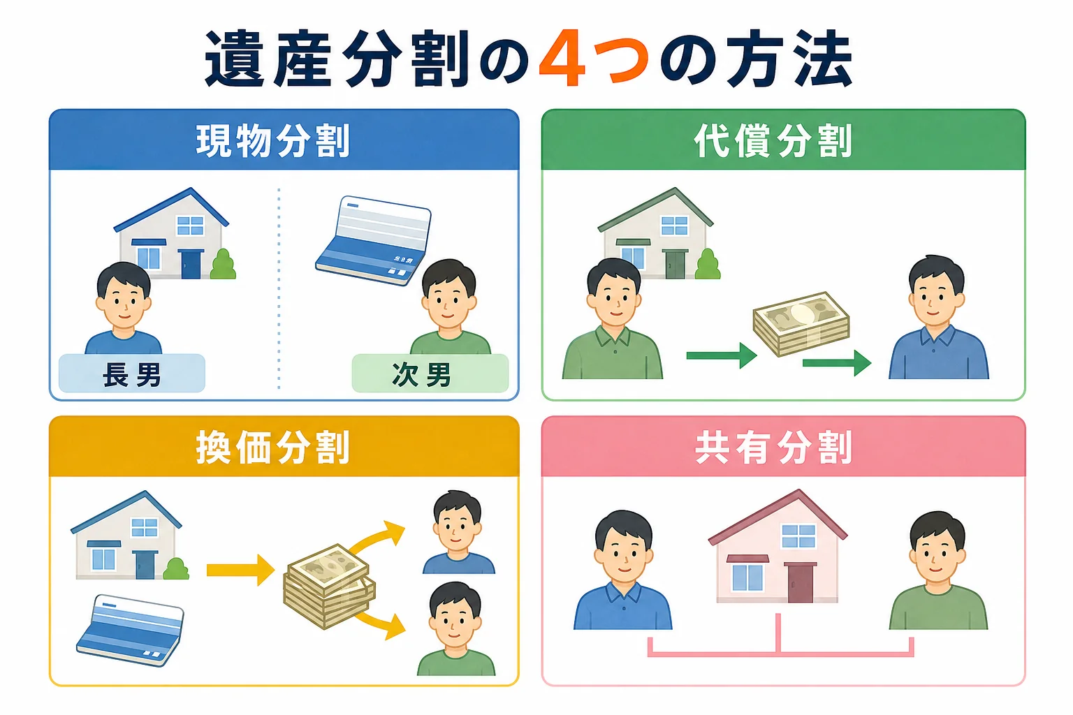 遺産分割の4つの方法として現物分割・代償分割・換価分割・共有分割の違いを比べた図解