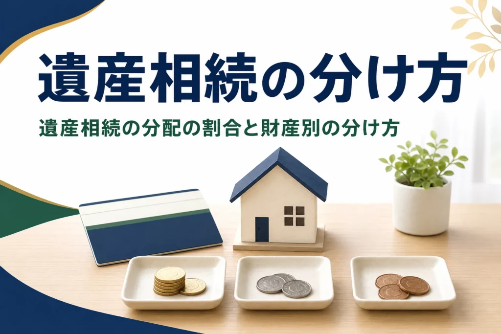 遺産相続の分配の割合と、預貯金・不動産など財産別の分け方を解説する記事のアイキャッチ