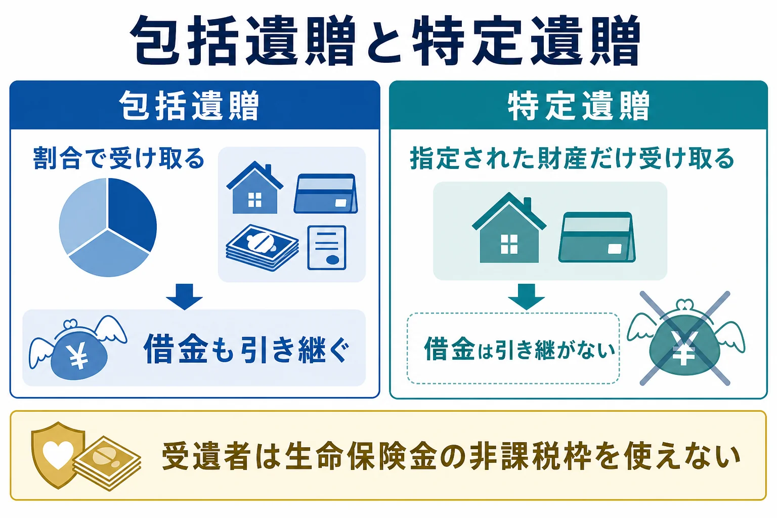 包括遺贈と特定遺贈の違いと、受遺者が相続税で注意する点を示した図解