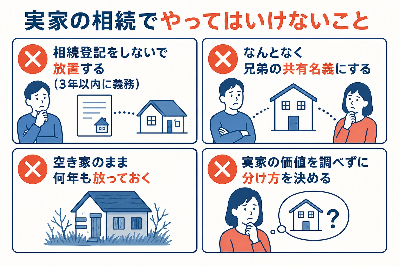 実家の相続でやってはいけない4つのことをまとめた図解