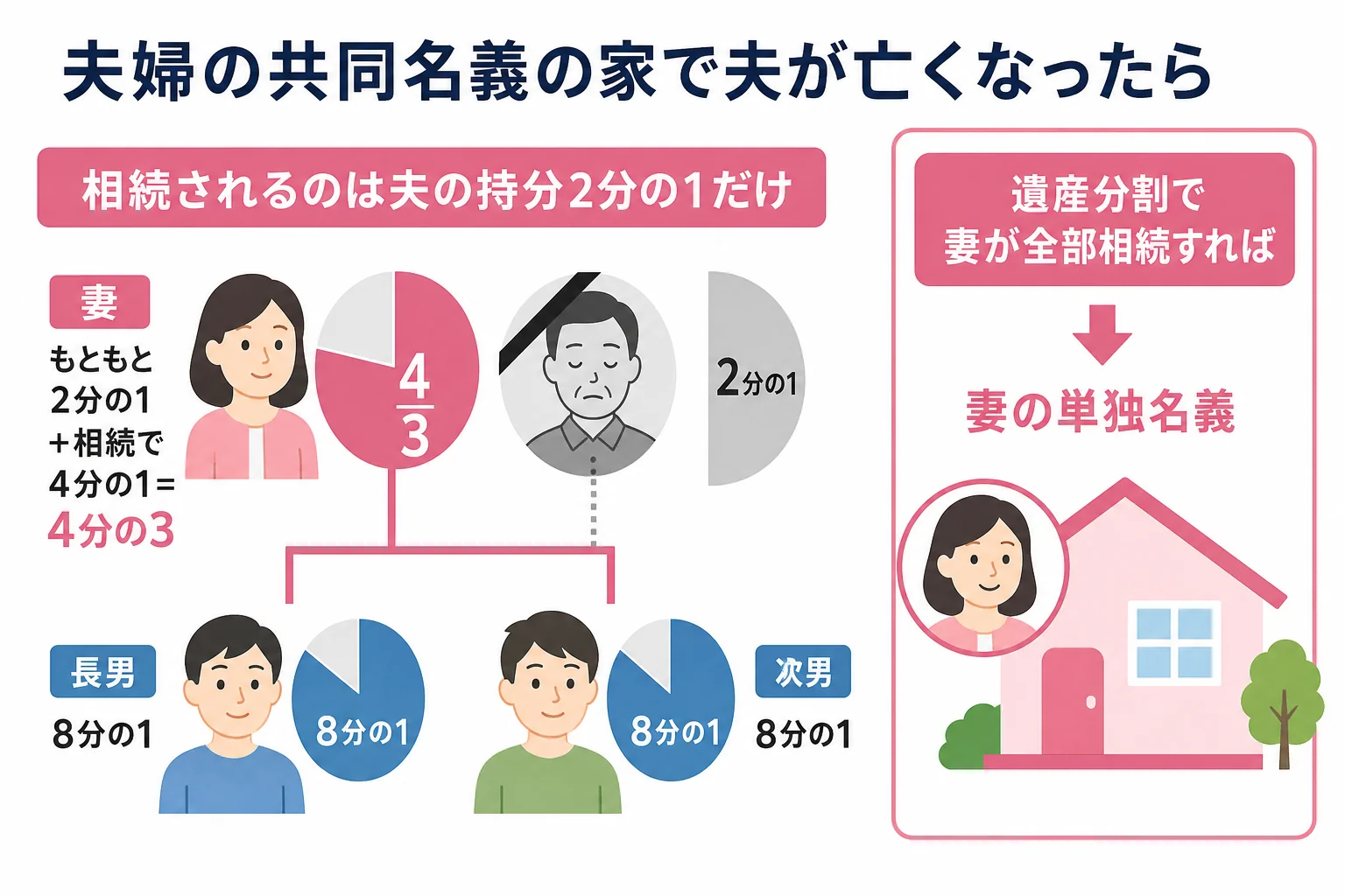 夫婦の共同名義の自宅で夫が亡くなった時に、夫の持分だけが相続される流れを示した図解