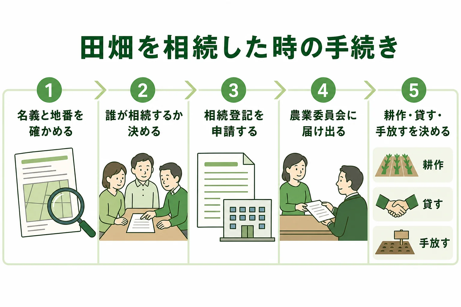 田畑を相続した時の手続きを、名義の確認から農業委員会への届出まで順番に示した図解