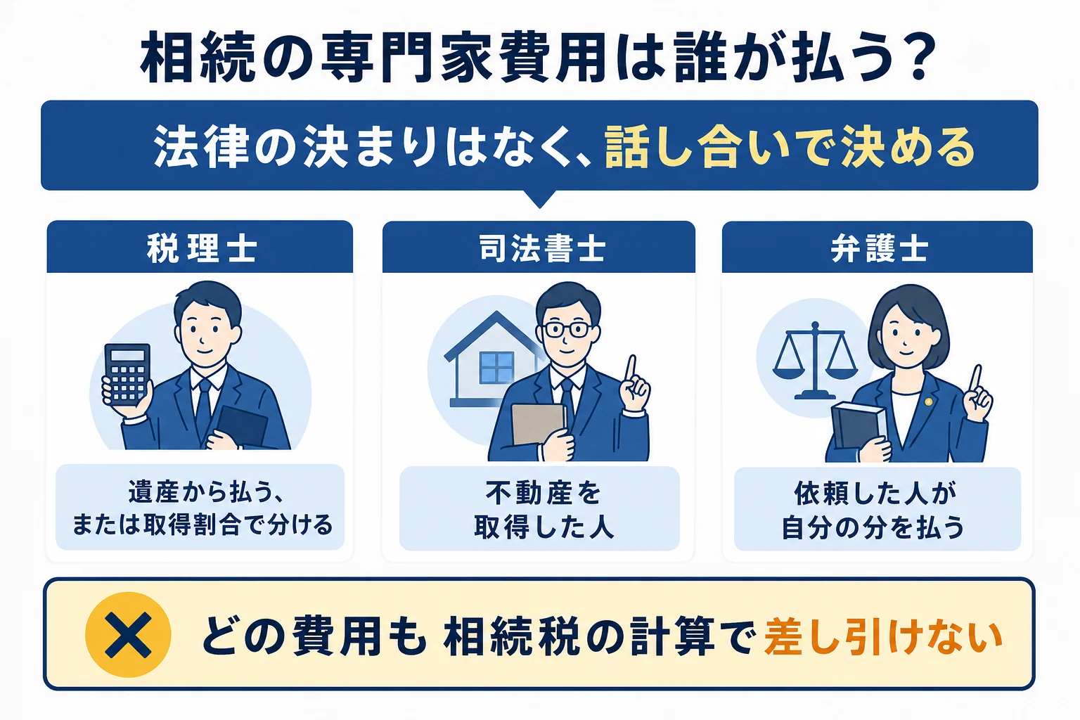 相続の専門家費用を誰が払うことが多いかと、相続税から控除できないことを示した図解