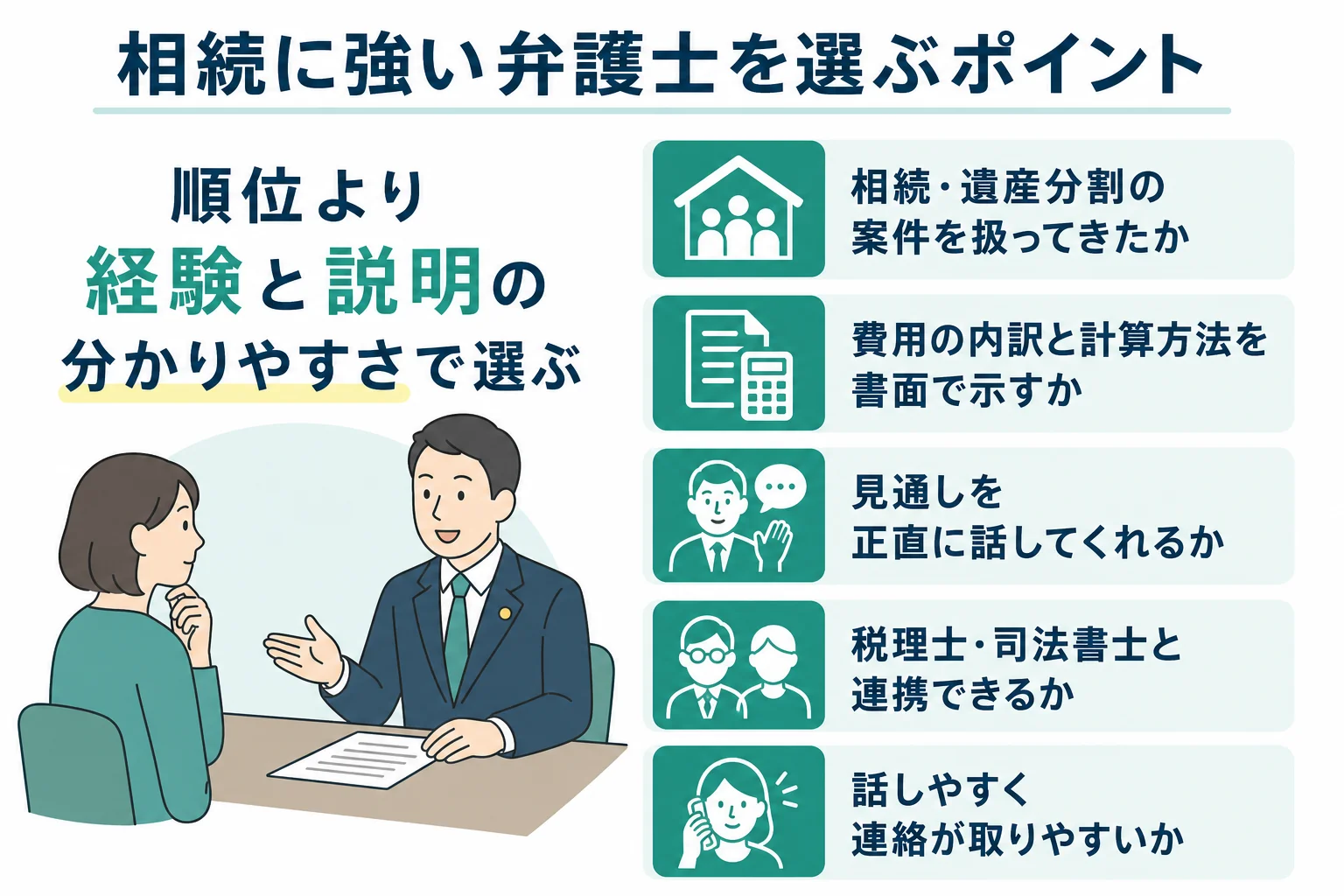 相続に強い弁護士を選ぶ5つのポイントの図解