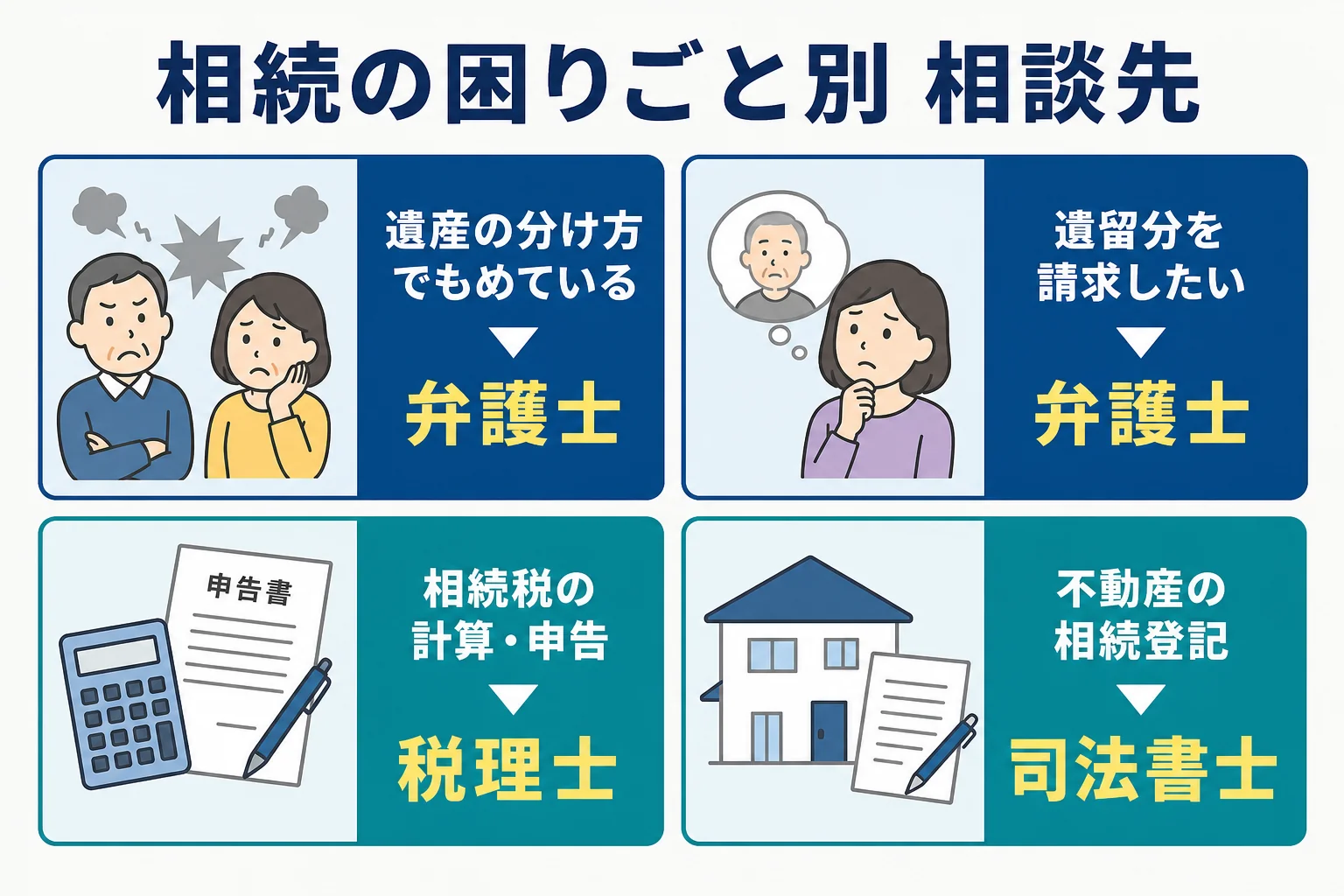 相続の困りごとごとに、弁護士・税理士・司法書士のどこに相談するかを示した図解