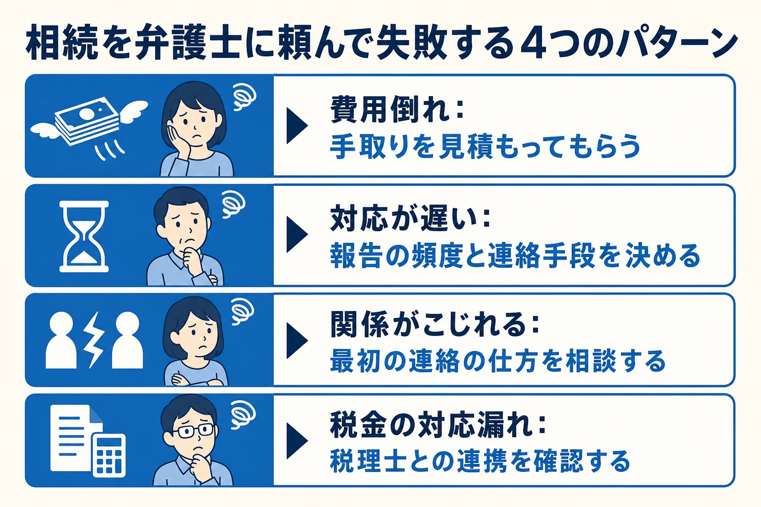相続を弁護士に頼んで失敗する4つのパターンと、それぞれの防ぎ方を示した図解
