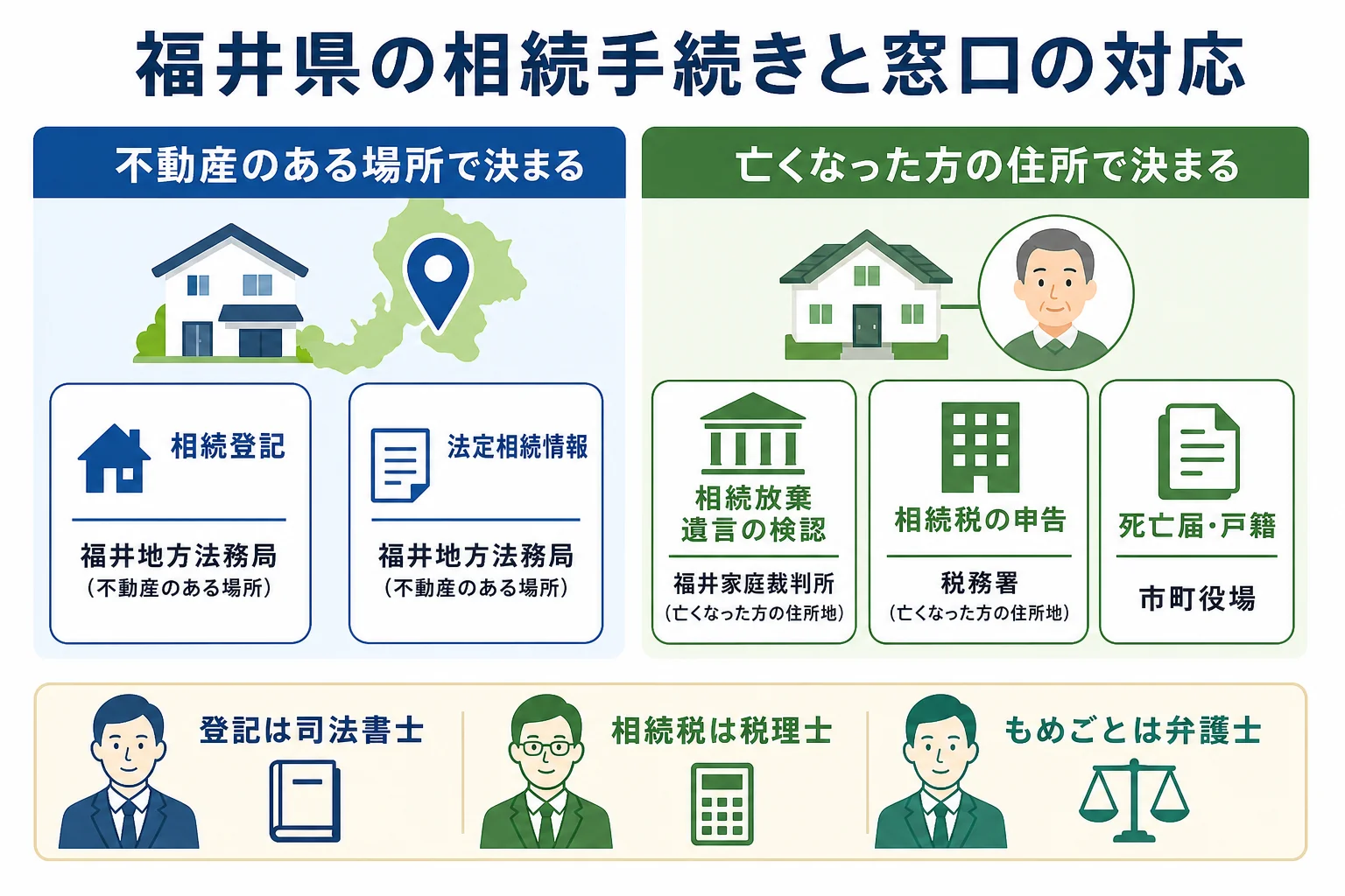 福井県で相続の手続きごとに法務局・家庭裁判所・税務署・市町役場のどこへ行くかを示した図解
