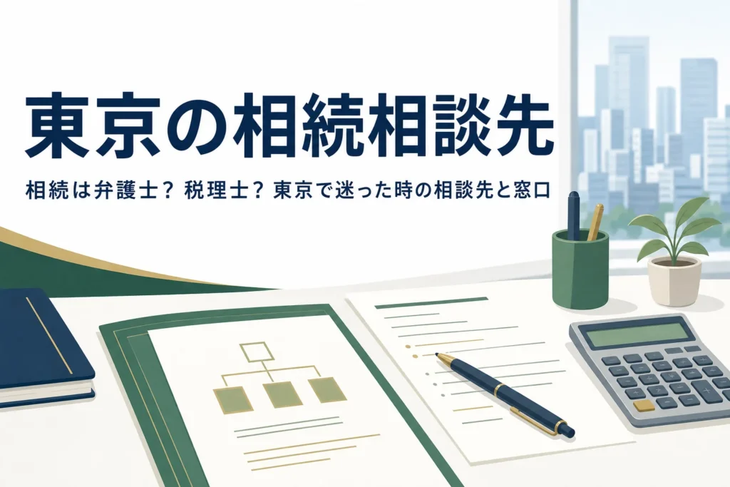 東京都で相続を弁護士・税理士・司法書士のどこに相談するかと、手続きの窓口を解説する記事のアイキャッチ