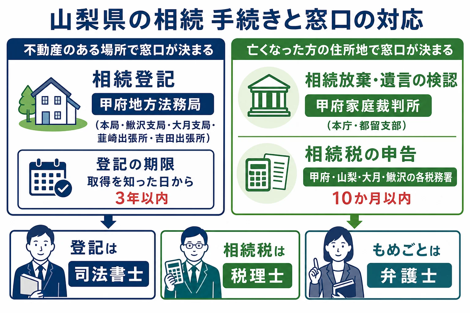 山梨県で相続登記・相続放棄・相続税の申告をどの窓口で行うかを示した図解