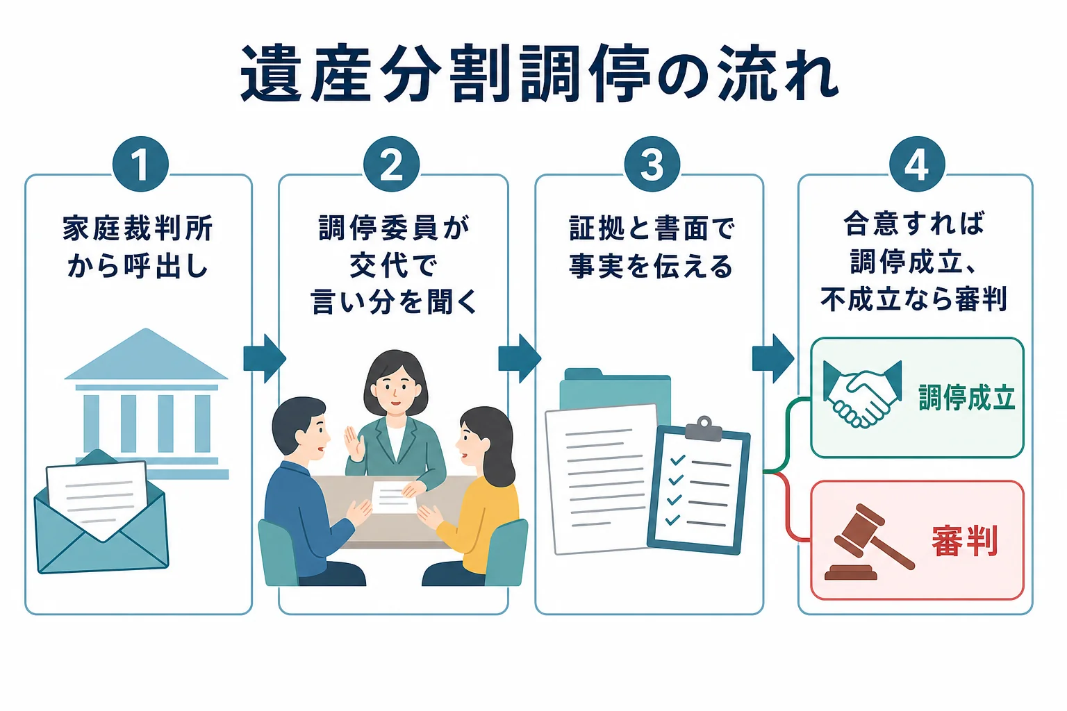 遺産分割調停の申立てから成立または審判までの流れを示した図解