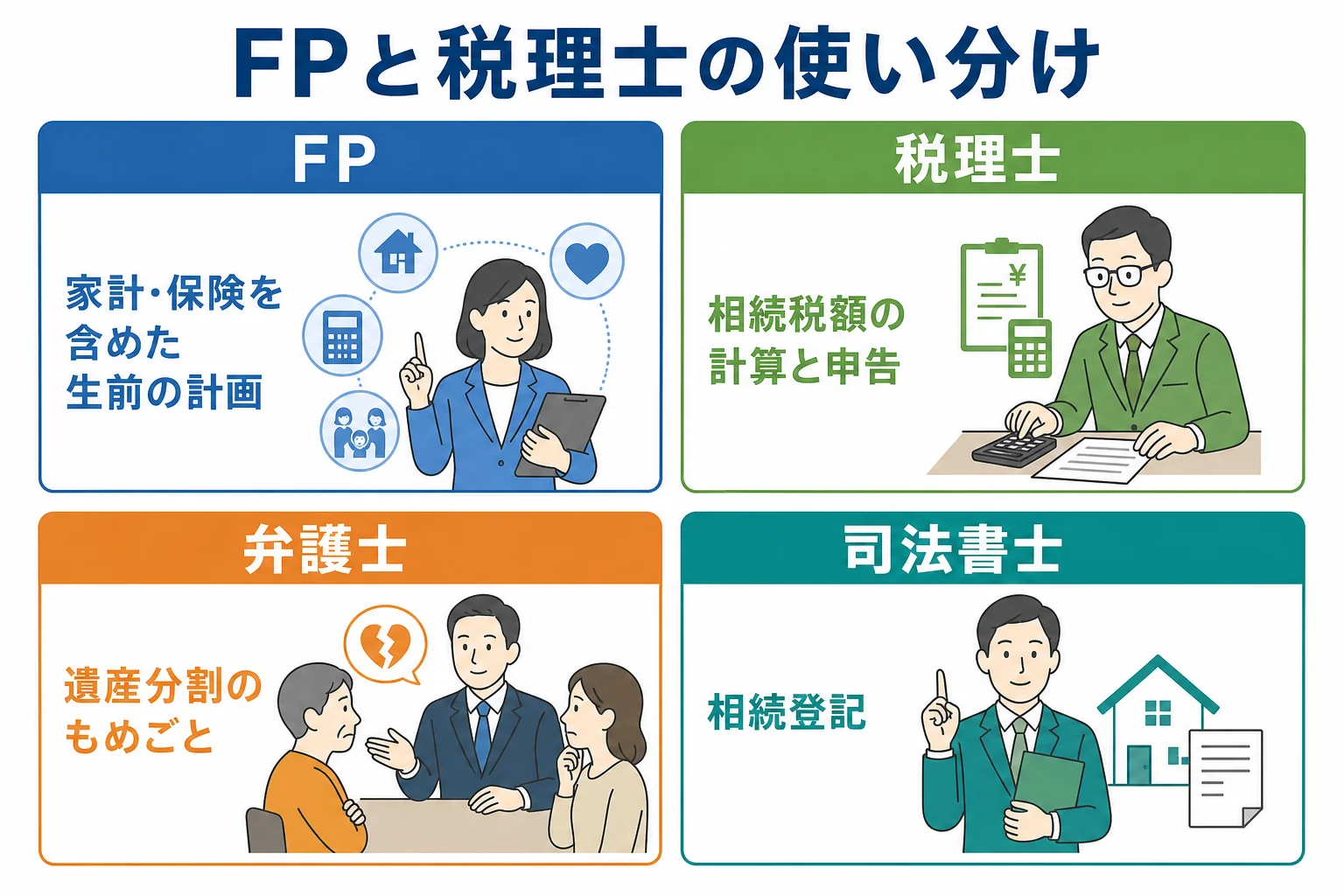相続の相談をFPと税理士で使い分ける流れを示した図解