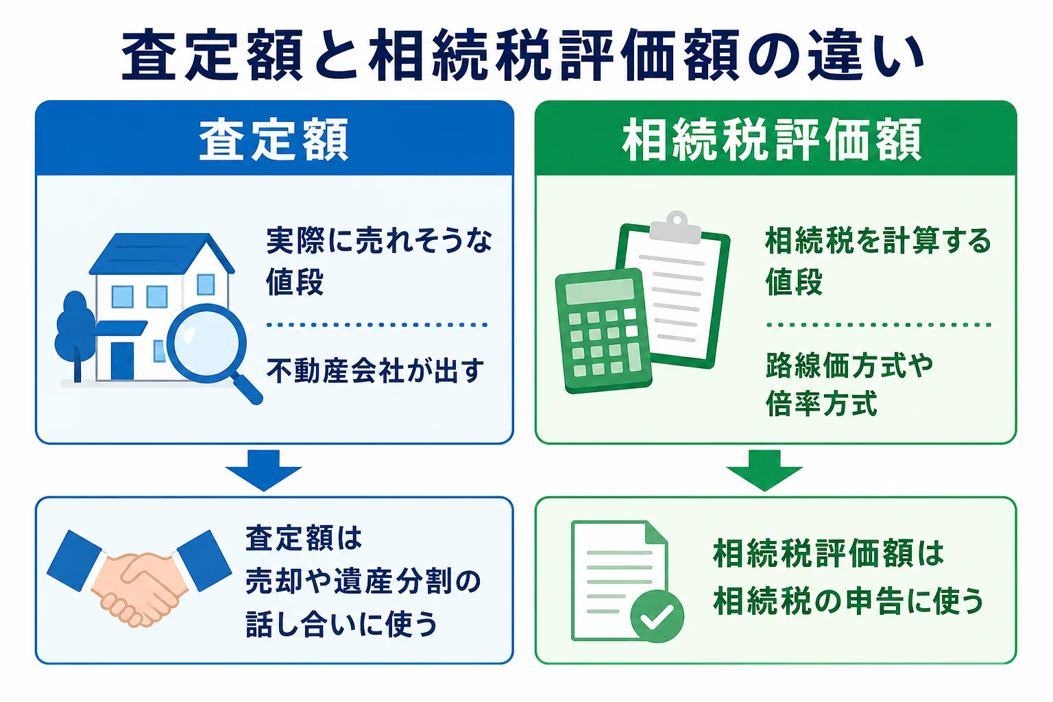 相続した不動産の査定額と相続税評価額の違いを示した図解