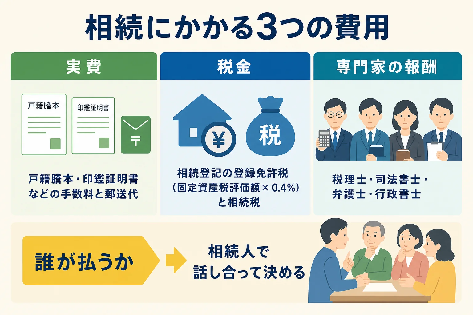 相続にかかる費用を実費・税金・専門家報酬の3つに分けて示した図解