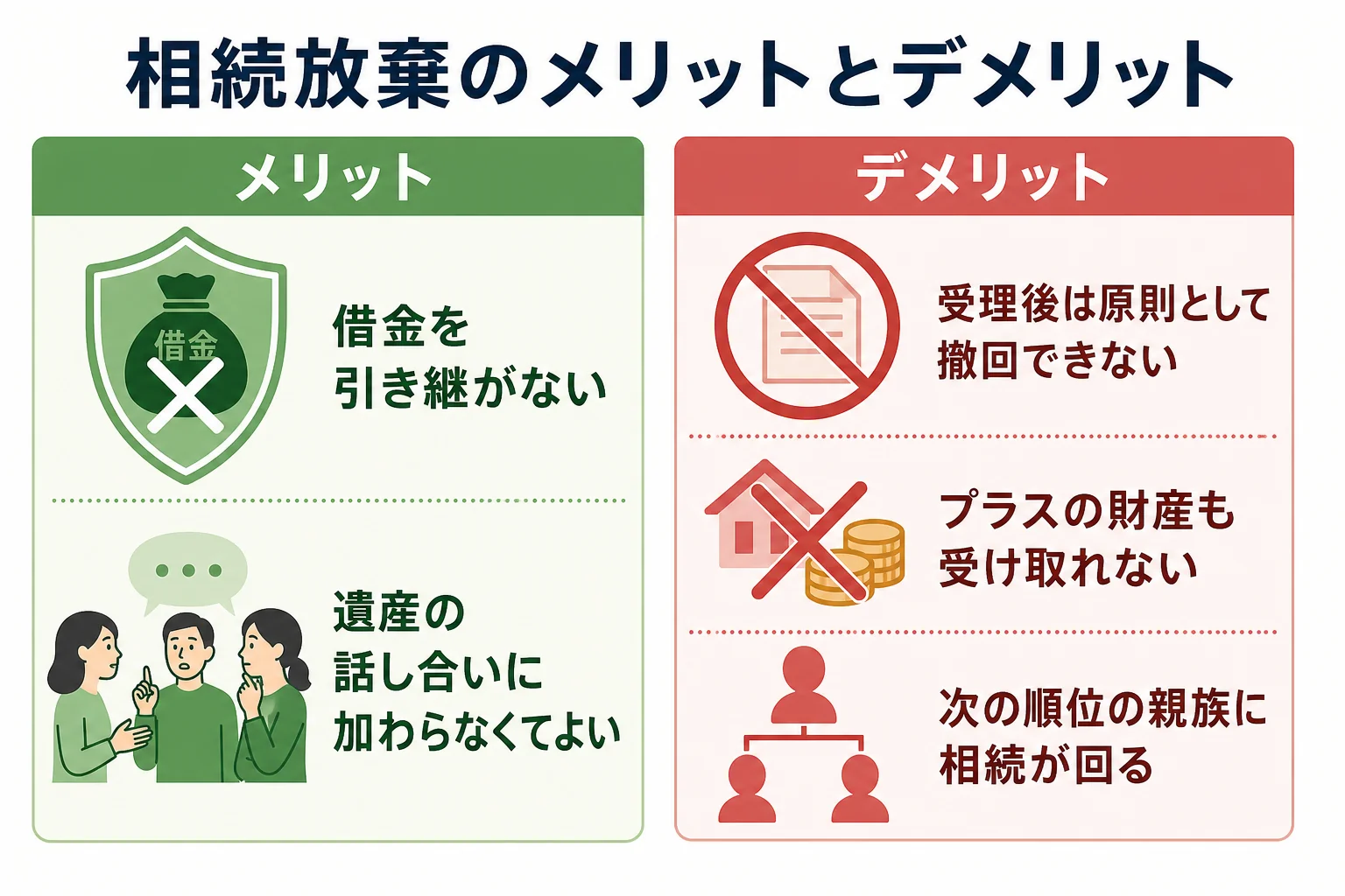 相続放棄のメリットとデメリットを左右に並べて比べた図解