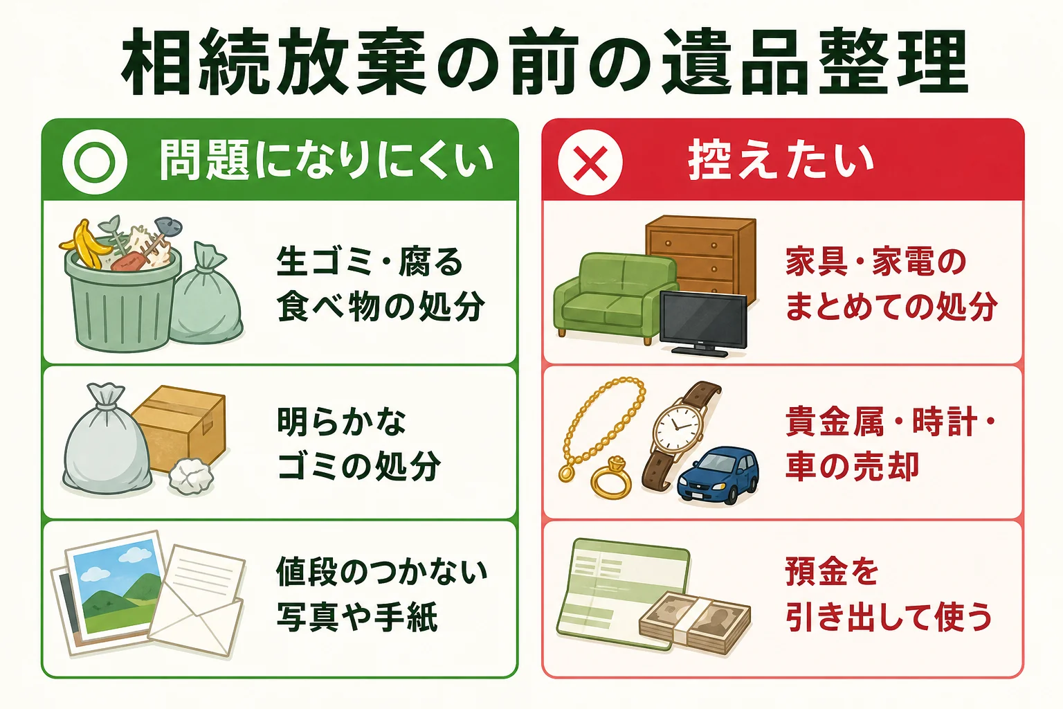相続放棄の前に遺品整理でしていいことと控えたいことを分けた図解