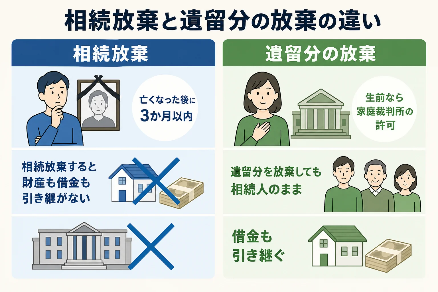 相続放棄と遺留分の放棄を、時期・手続き・借金の扱いで比べた図解