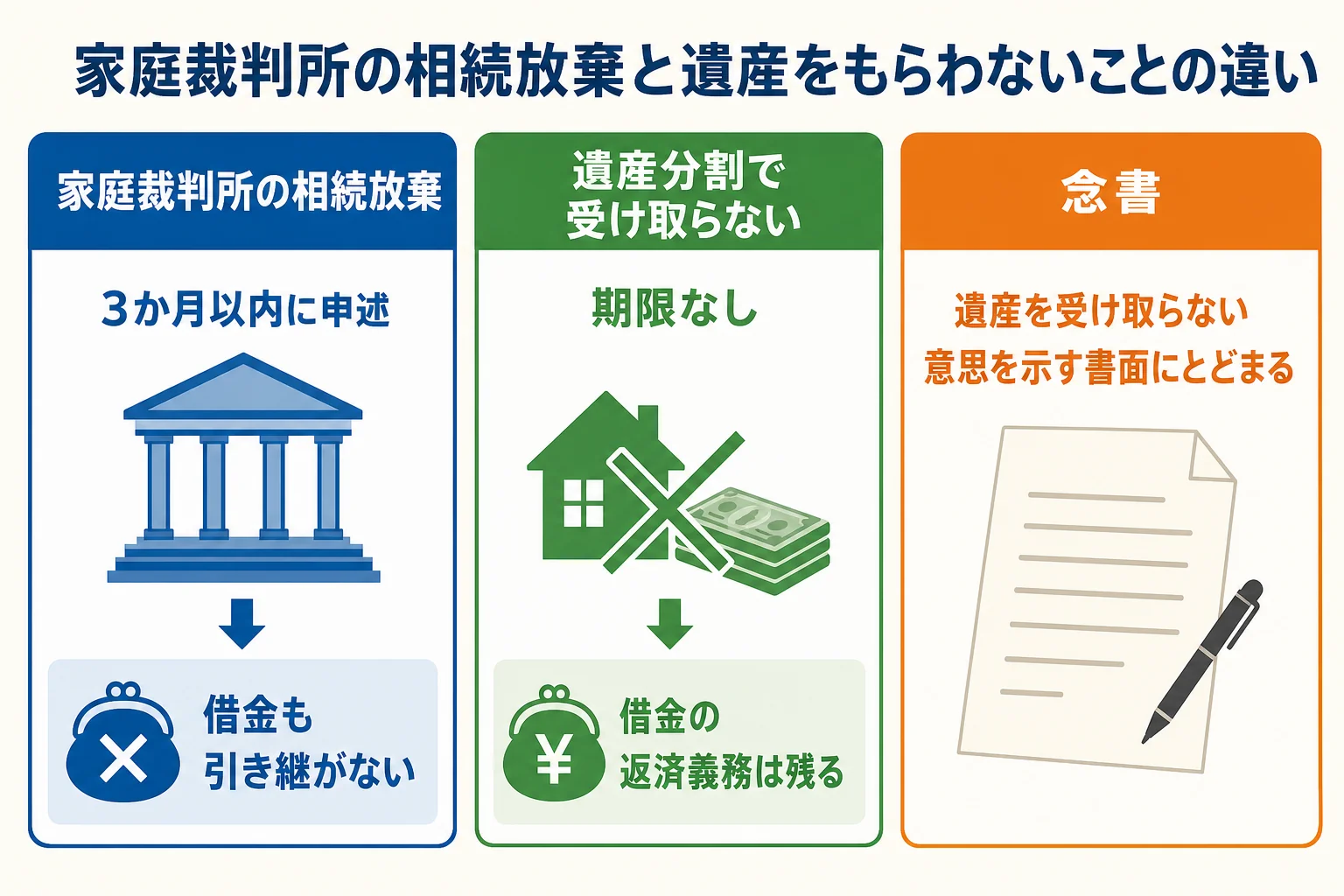 家庭裁判所での相続放棄と、遺産分割で何も受け取らない場合の違いを示した図解