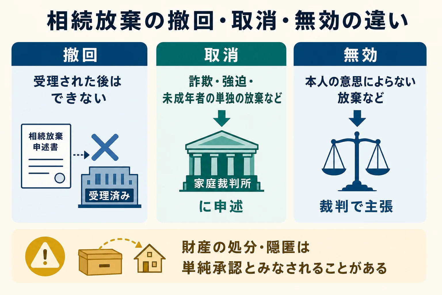 相続放棄の撤回はできないが、詐欺・強迫などの場合は取消、本人の意思によらない場合は無効を主張できることを比べた図解