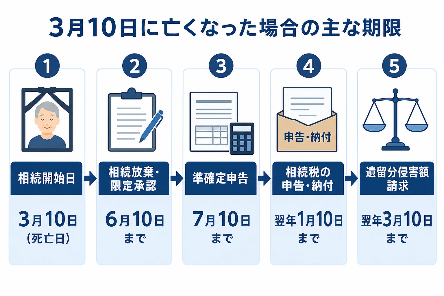 3月10日に亡くなった場合の相続放棄・準確定申告・相続税申告の期限を並べたタイムラインの図解