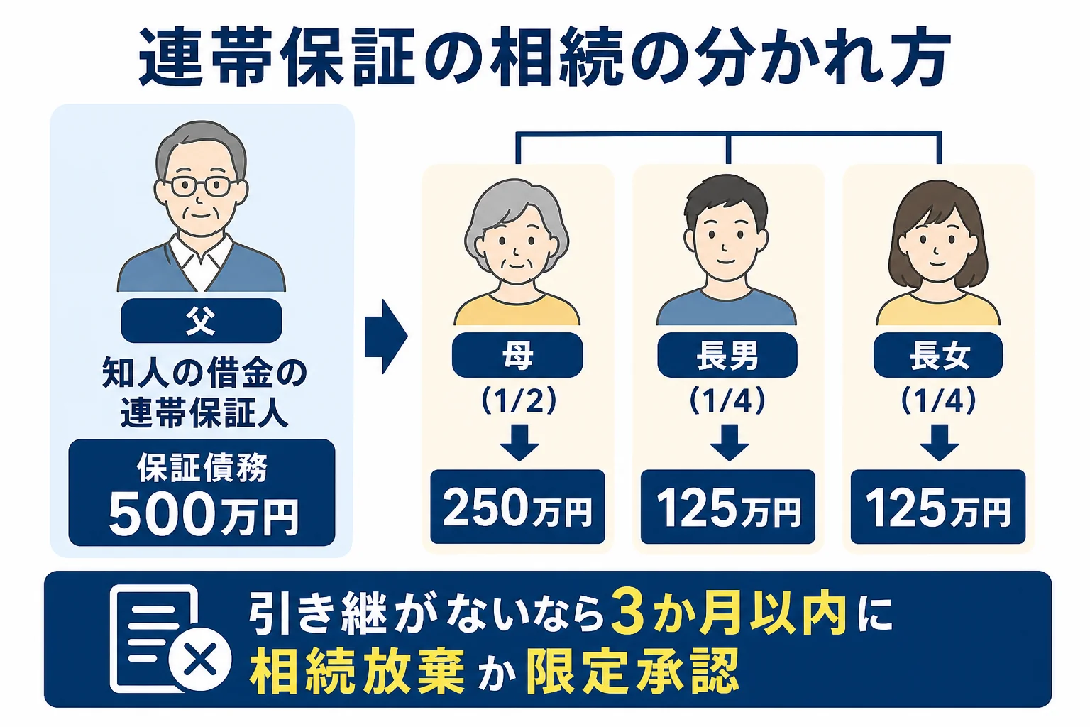 連帯保証人だった父の保証債務500万円が、母と子2人に法定相続分で分かれる様子を示した図解
