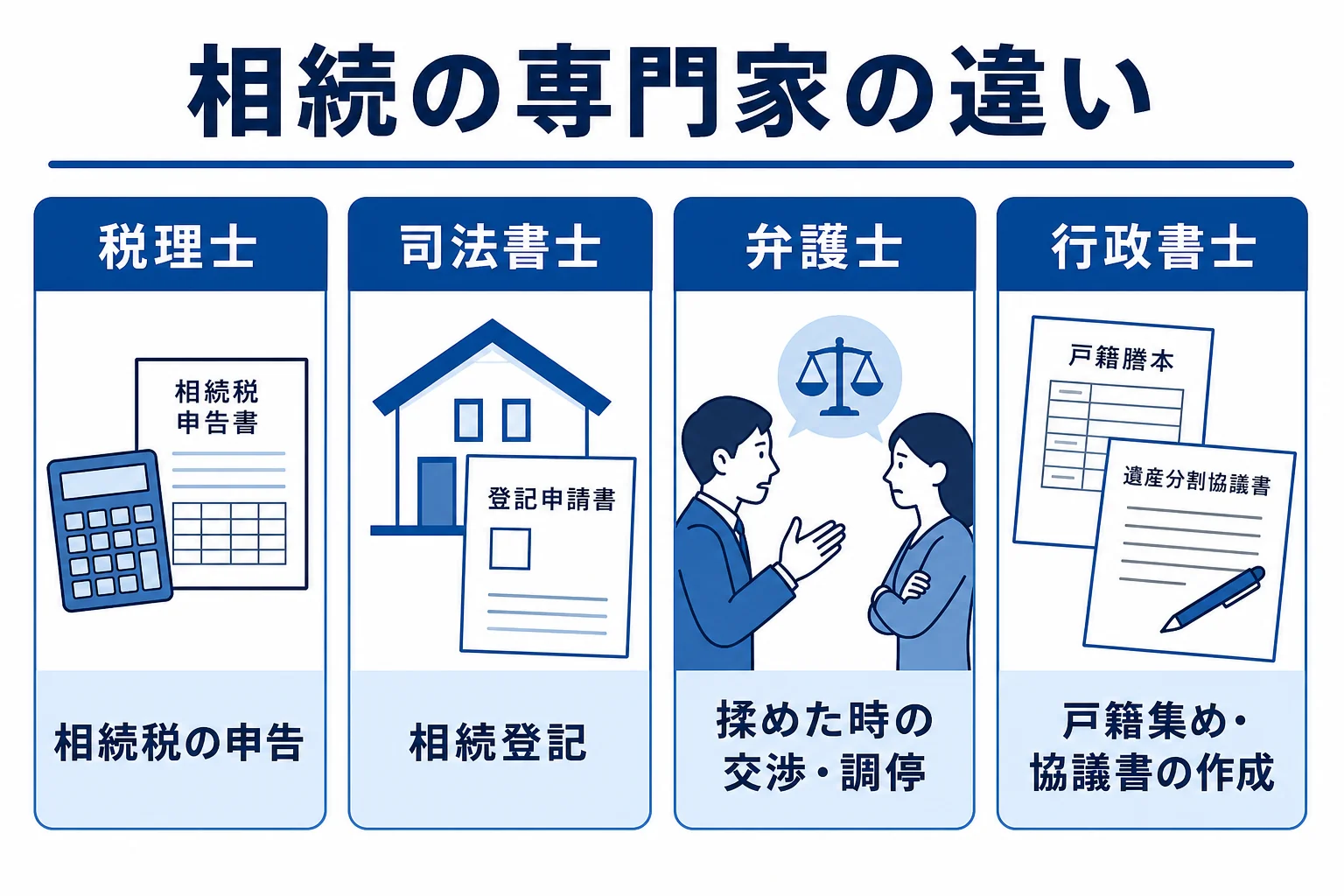 税理士・司法書士・弁護士・行政書士の担当範囲の違いを示した図解