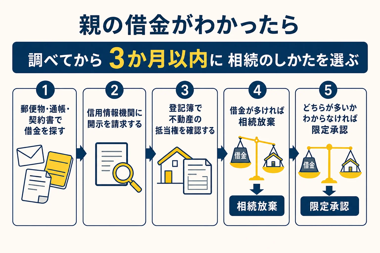 親の借金を調べる方法と相続放棄・限定承認の判断の流れを示した図解