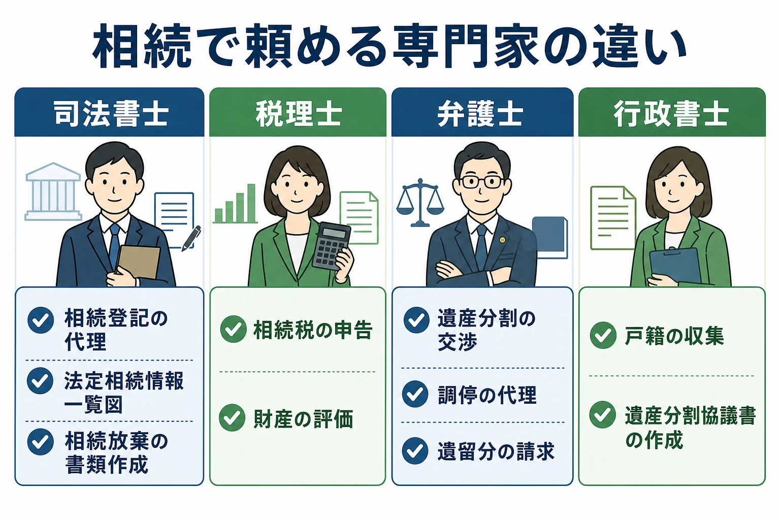 相続の手続きで司法書士・税理士・弁護士・行政書士に頼めることを分けた図解