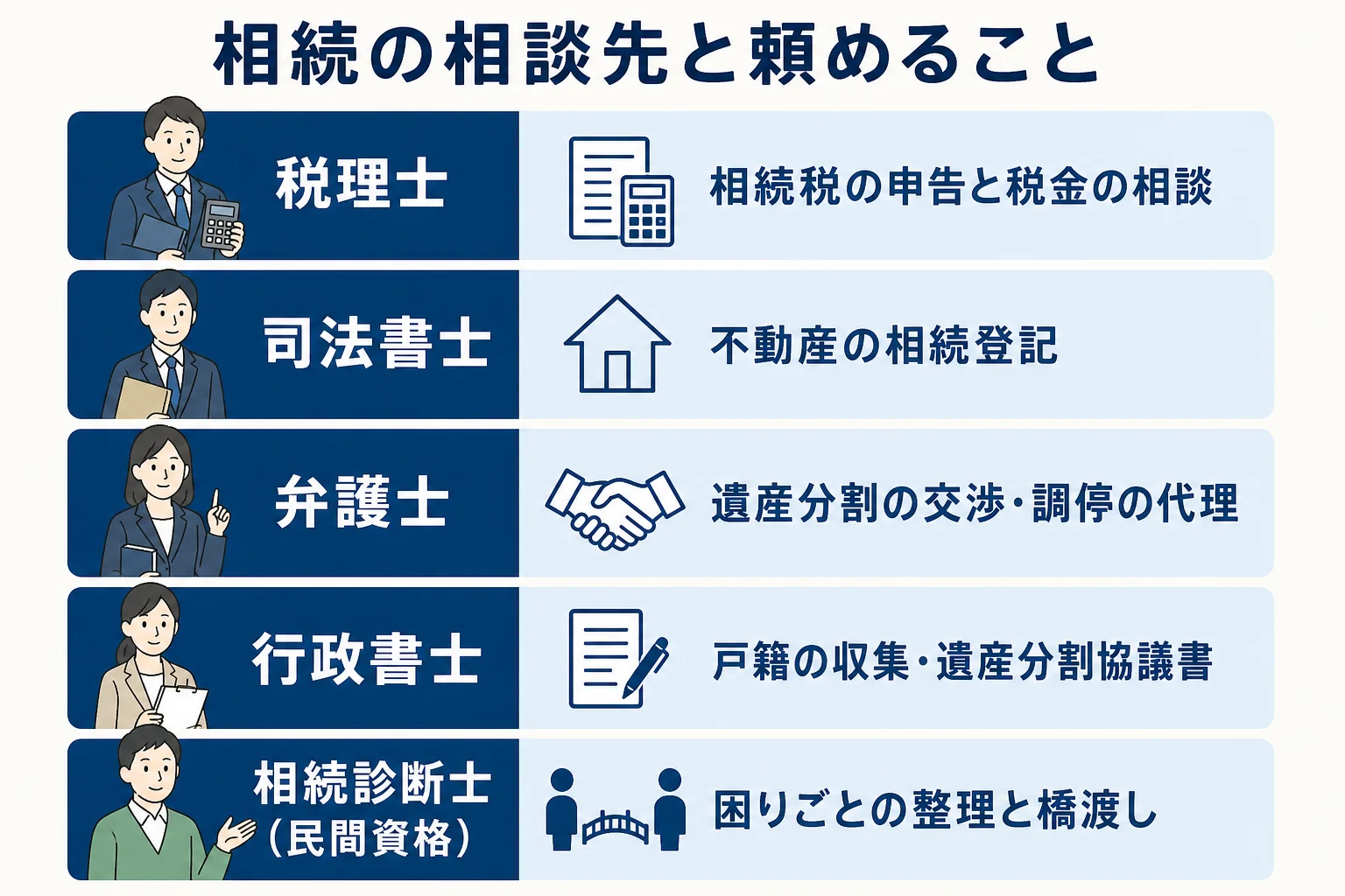 相続診断士と相続にかかわる国家資格の役割の違いを示した図解