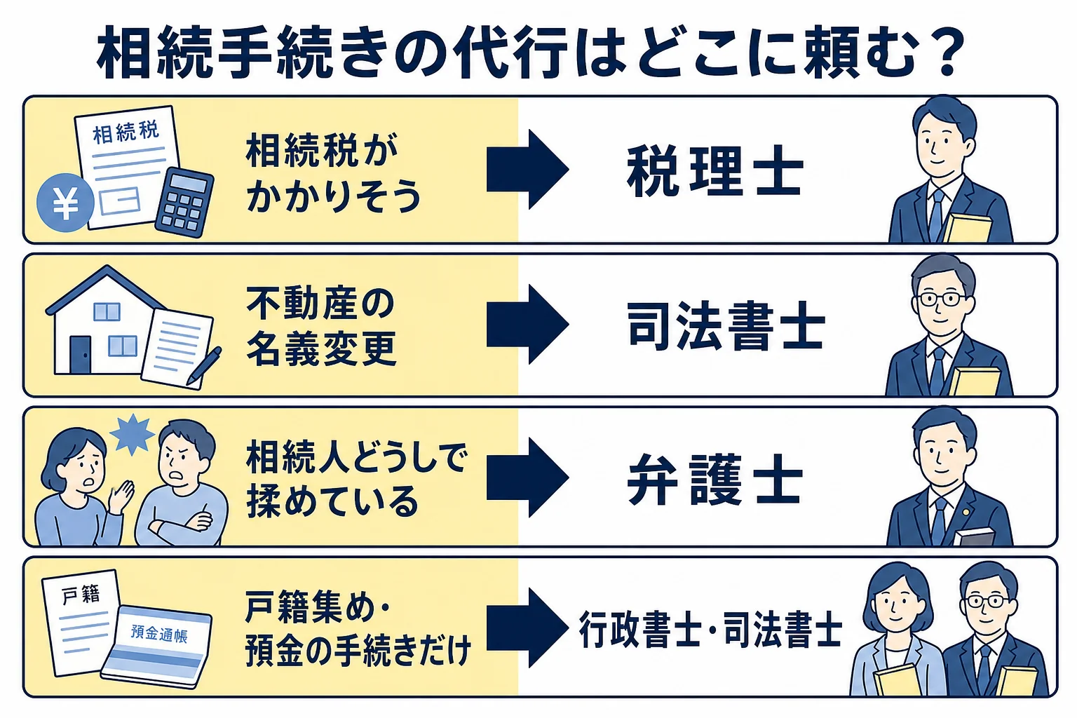 相続手続きの代行先を、相続税・登記・揉め事・手続きのみの4つのケースで選ぶ流れを示した図解