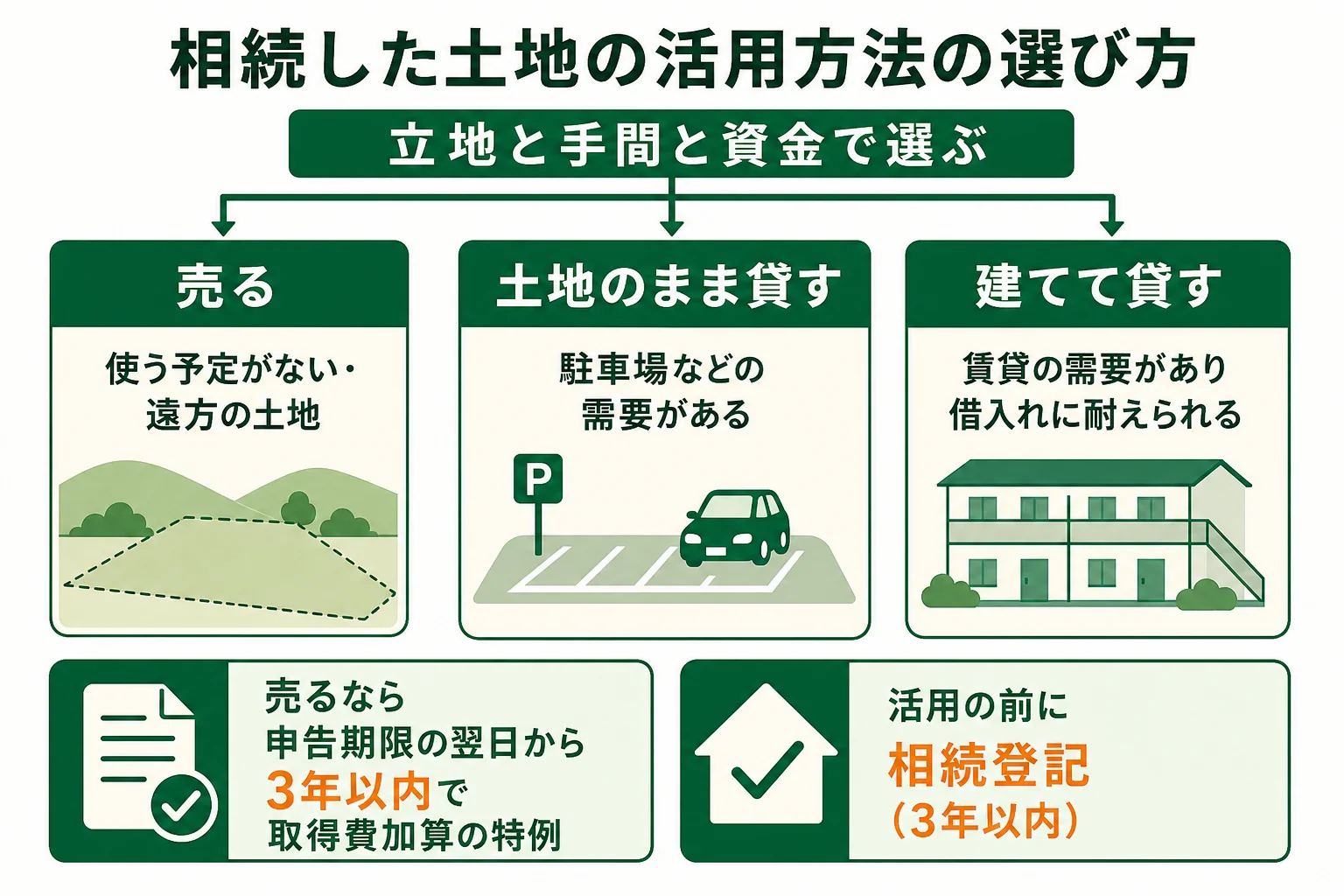 相続した土地を売る・土地のまま貸す・建てて貸すのどれにするかを、立地・手間・資金の条件で選ぶ流れを示した図解