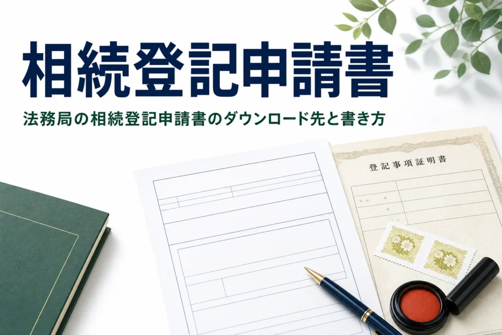 法務局の相続登記申請書のダウンロード先と書き方を解説する記事のアイキャッチ