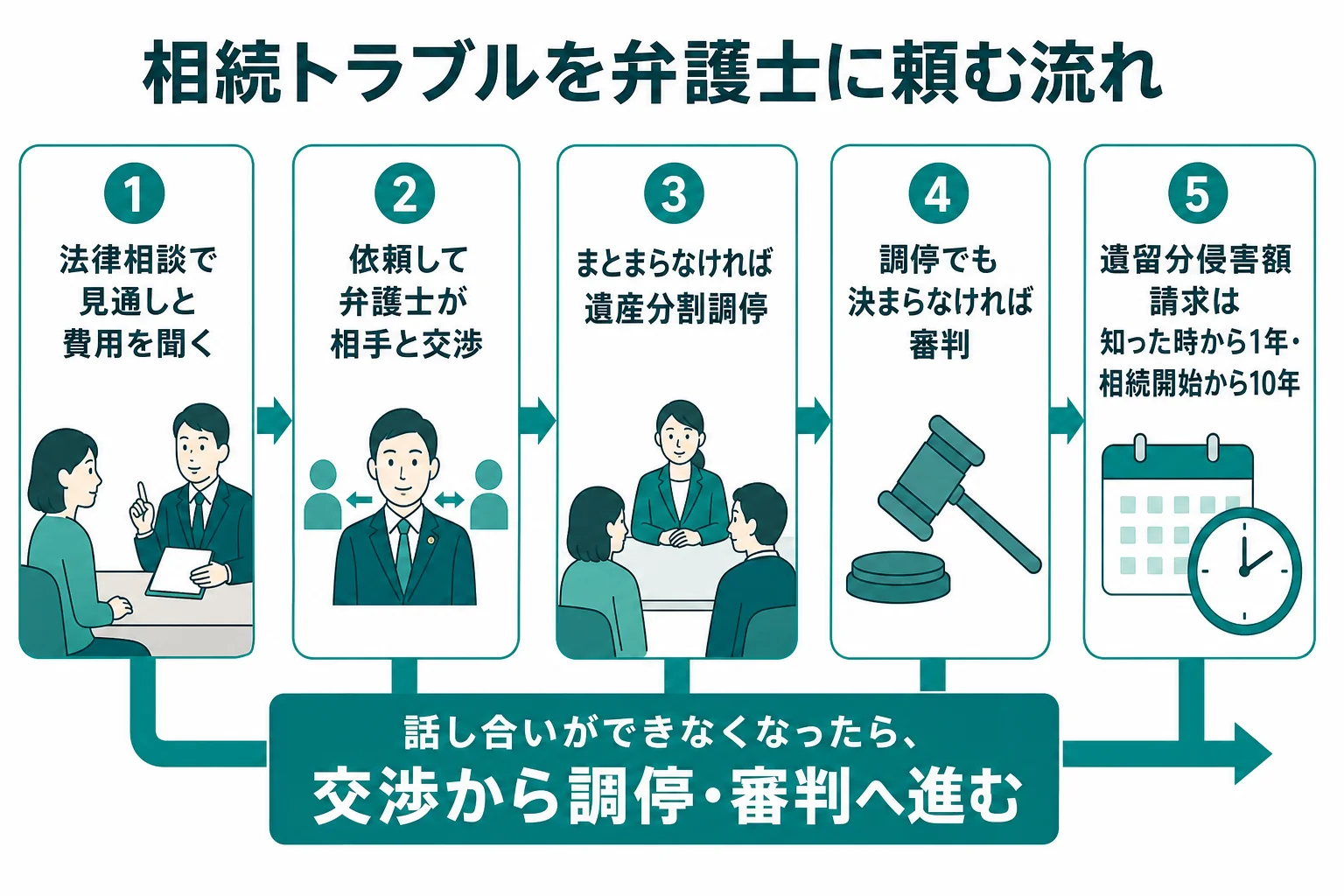 相続トラブルで弁護士に依頼するタイミングと、交渉・調停・審判へ進む流れを示した図解