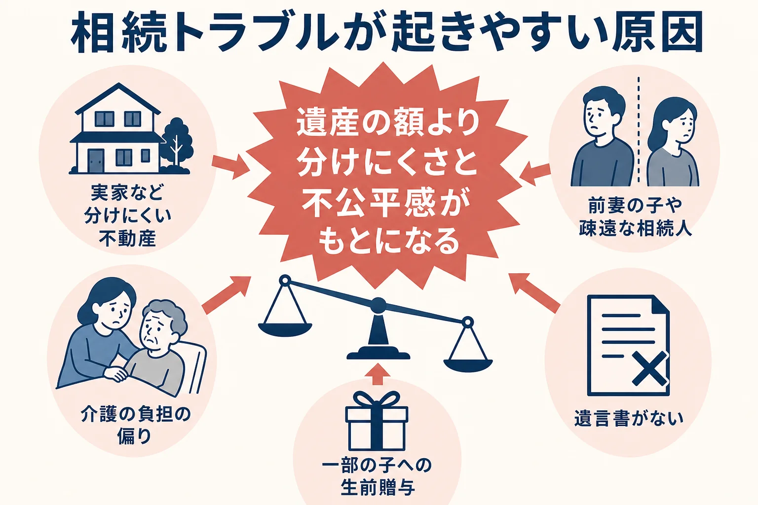 相続トラブルが起きやすい主な原因をまとめた図解