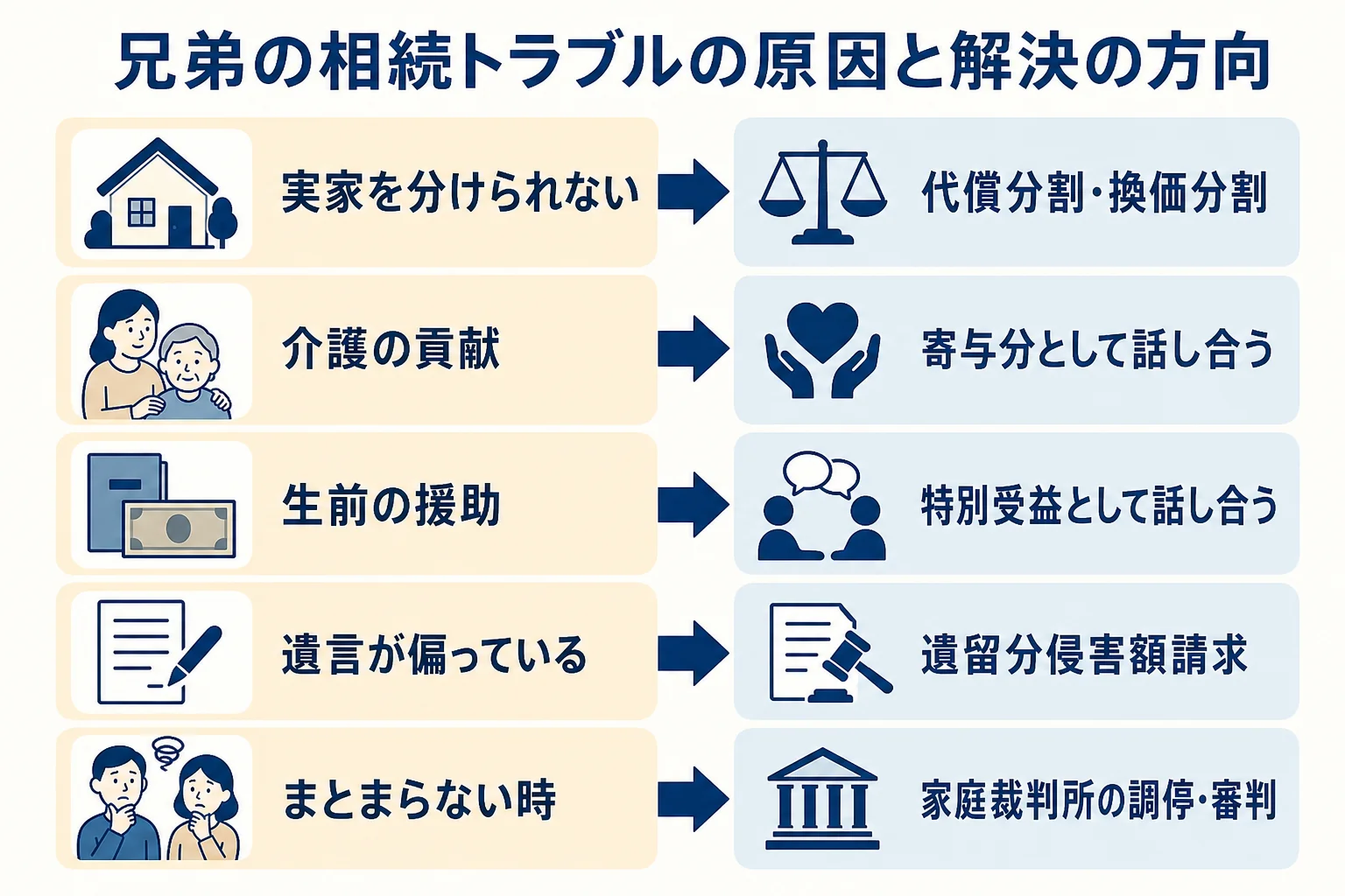 兄弟の遺産相続トラブルの主な原因と解決の方向を示した図解