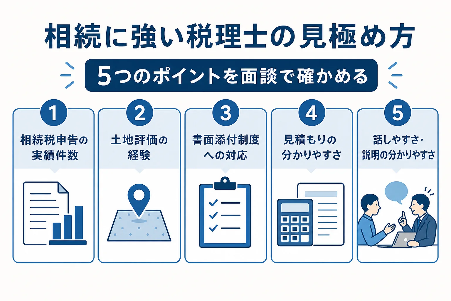 相続に強い税理士を見極める5つのポイントを並べた図解
