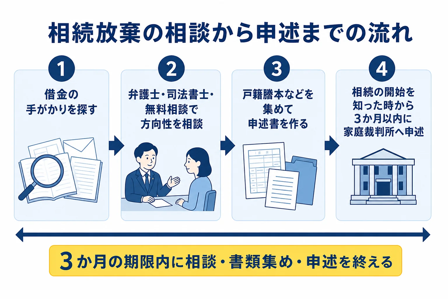 相続放棄を相談してから家庭裁判所に申述するまでの流れを3か月の期限とあわせて示した図解