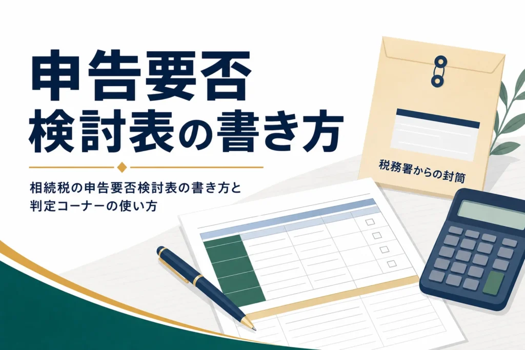 相続税の申告要否検討表の書き方と国税庁の判定コーナーの使い方を解説する記事のアイキャッチ