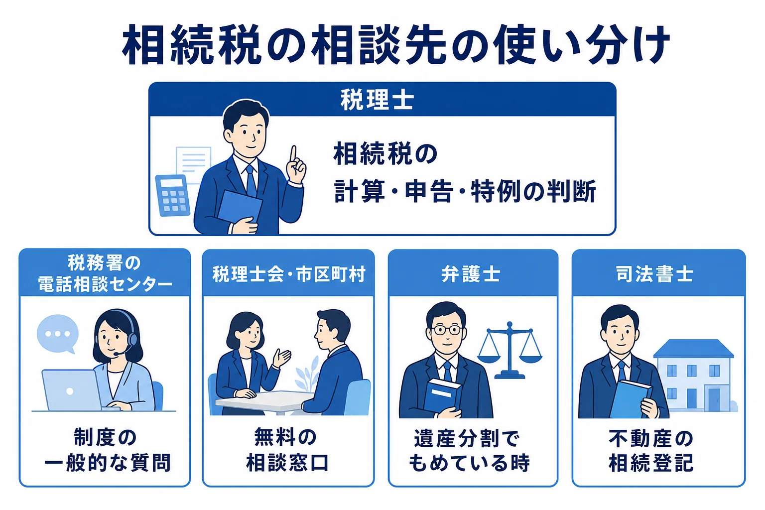 相続税の相談先として税理士・税務署・無料相談窓口・弁護士・司法書士の役割を並べた図解
