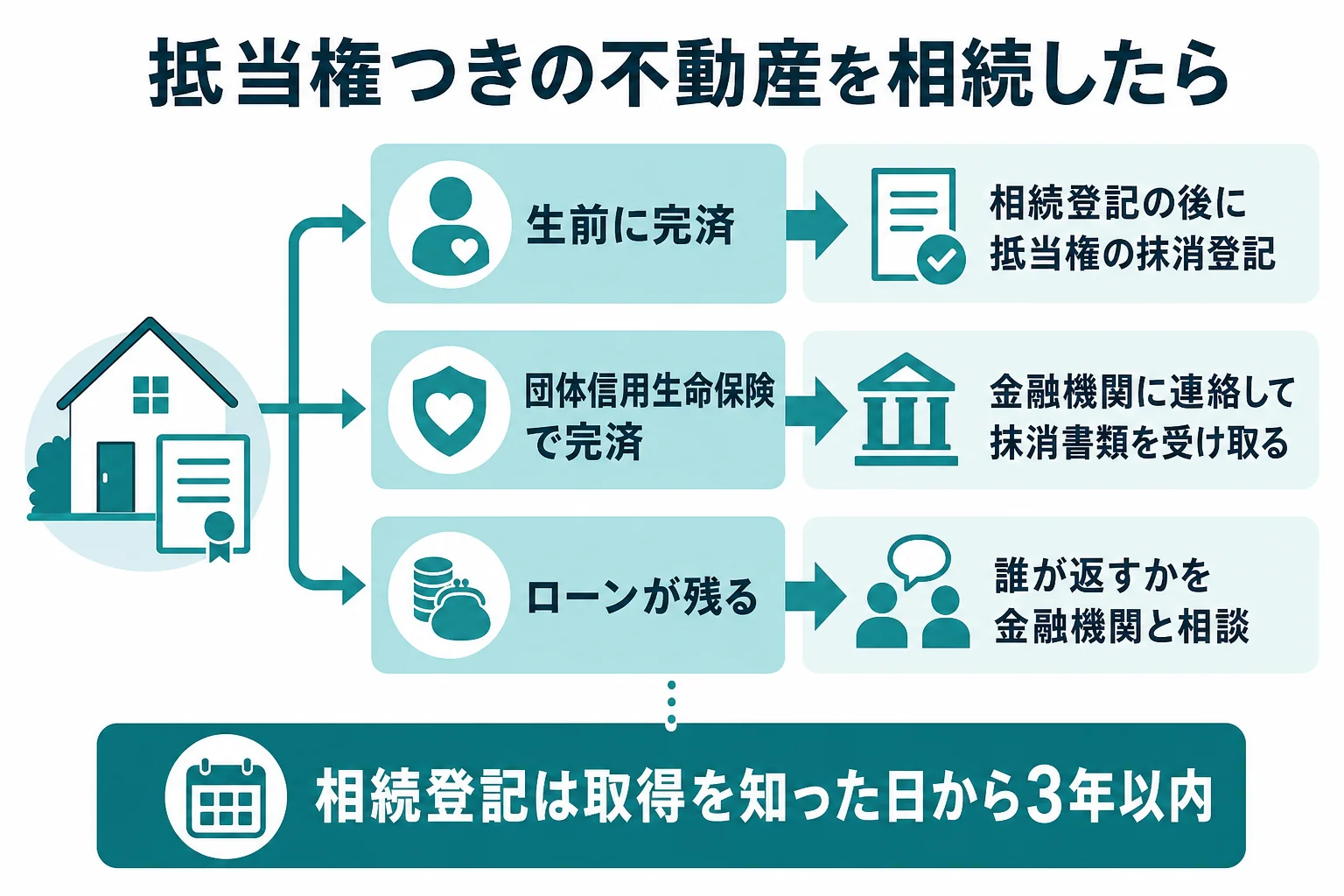 抵当権がついた不動産を相続した時にローンの状況別に相続登記と抹消登記を進める流れの図解