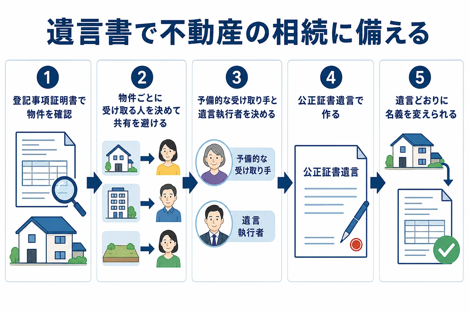 不動産と認知症に備えて、遺言書で受け取り手を決めて相続を進める流れを示した図解