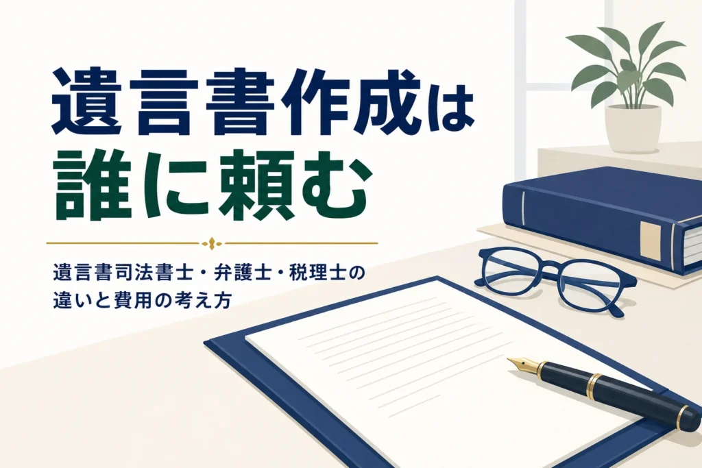 遺言書作成を司法書士・弁護士・税理士のどれに頼むかと費用の考え方を解説する記事のアイキャッチ